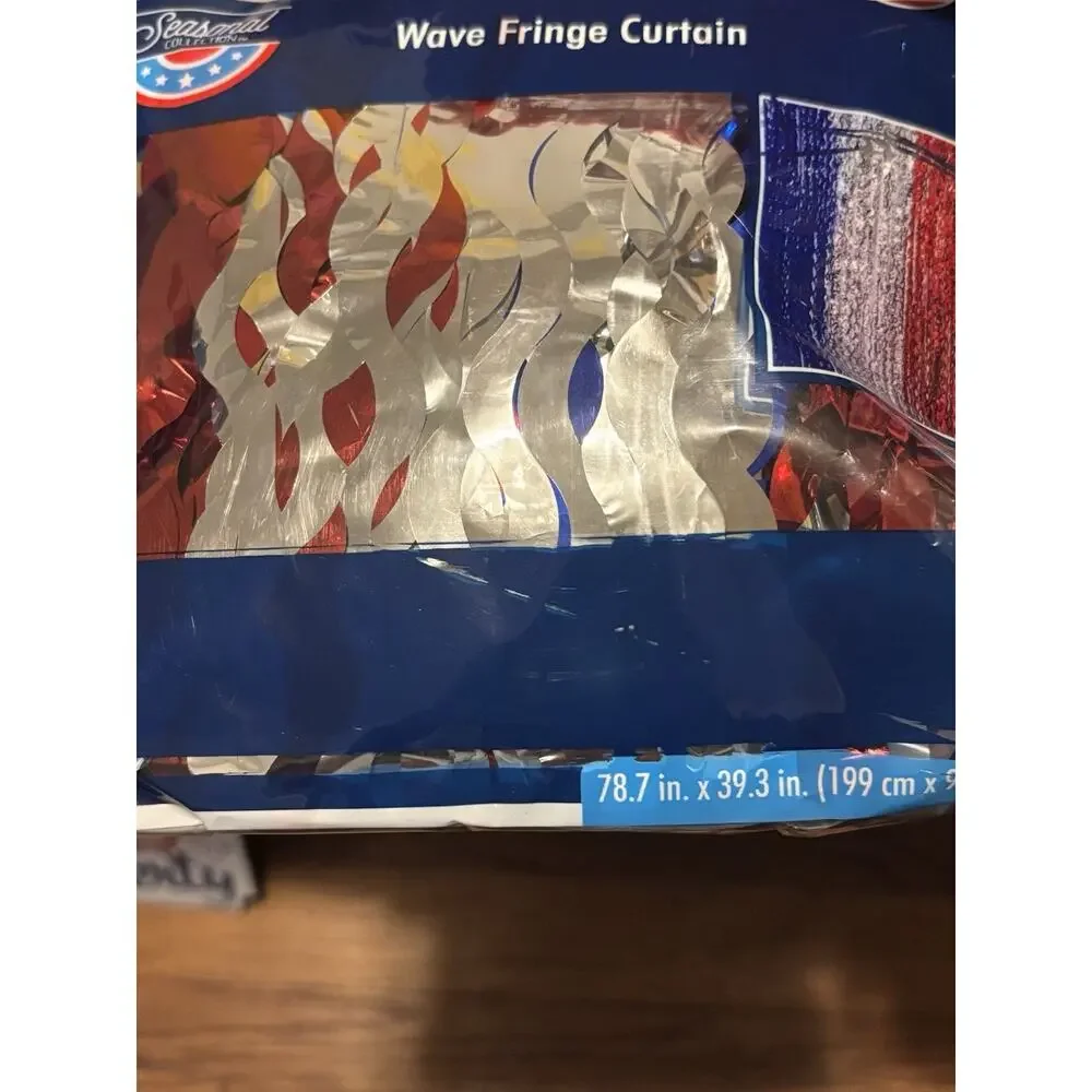 Shiny Wave Metallic Tinsel Foil Fringe Curtains 78.7” x 39.3” Red/Silver/Blue